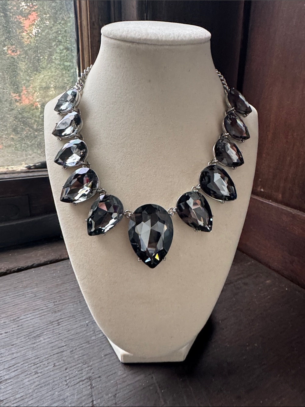 Vintage Black Crystal Statement Bib Necklace | Smoky Gray Faceted Rhinestones |